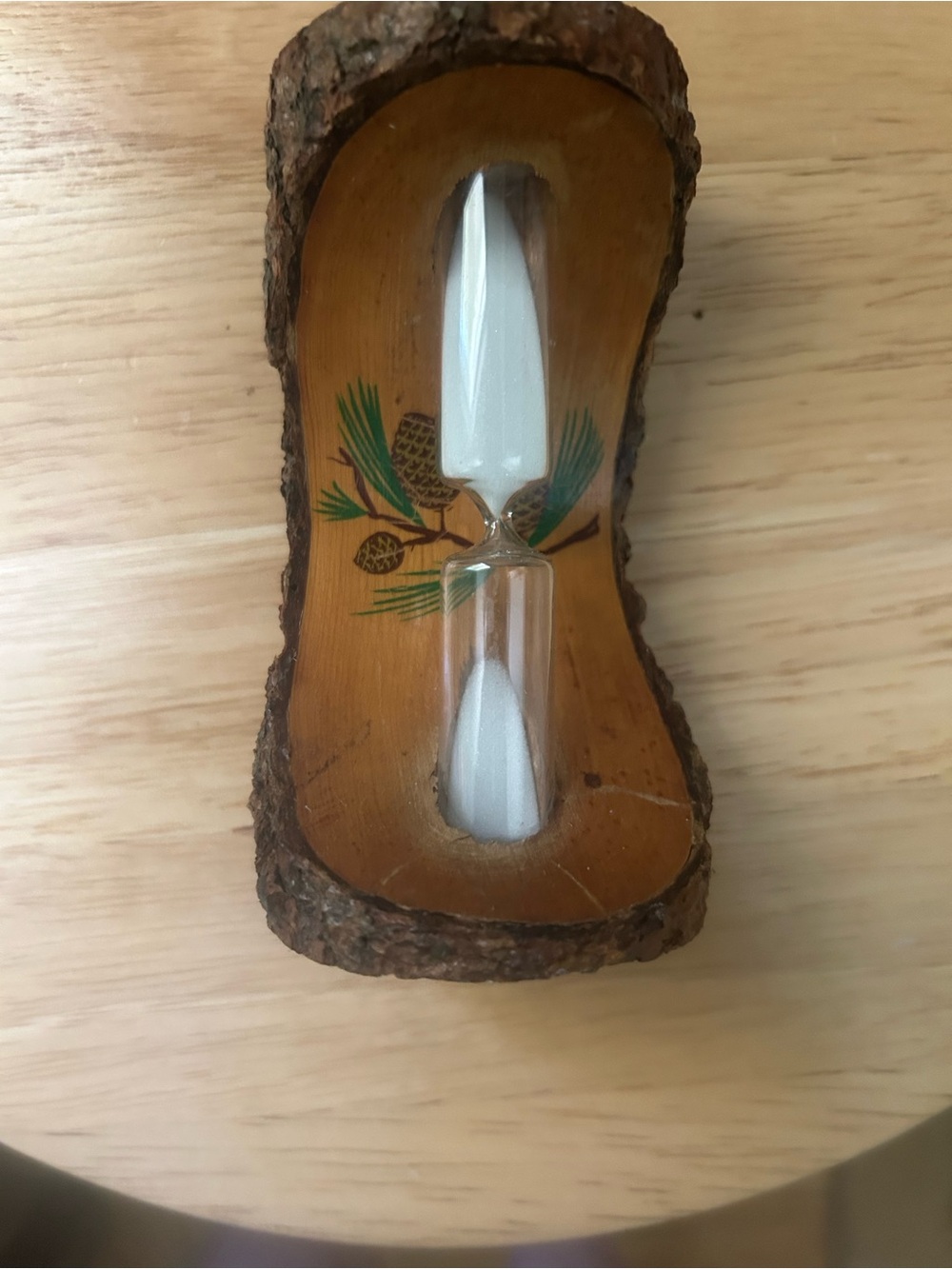 Bark Hourglass Sand Timer with Pinecone Motif - White Sand